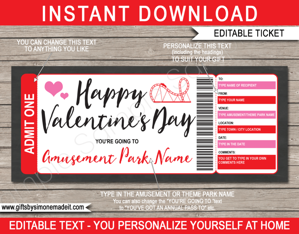 Printable Valentine's Day Amusement Park Ticket Gift Voucher | Theme Park Tickets | Surprise Tickets to an Amusement Park, Theme Park | Fake Park Tickets | Daily, Season, Yearly Passes | DIY Editable Template | INSTANT DOWNLOAD via giftsbysimonemadeit.com