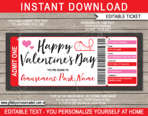 Printable Valentine's Day Amusement Park Ticket Gift Voucher | Theme Park Tickets | Surprise Tickets to an Amusement Park, Theme Park | Fake Park Tickets | Daily, Season, Yearly Passes | DIY Editable Template | INSTANT DOWNLOAD via giftsbysimonemadeit.com