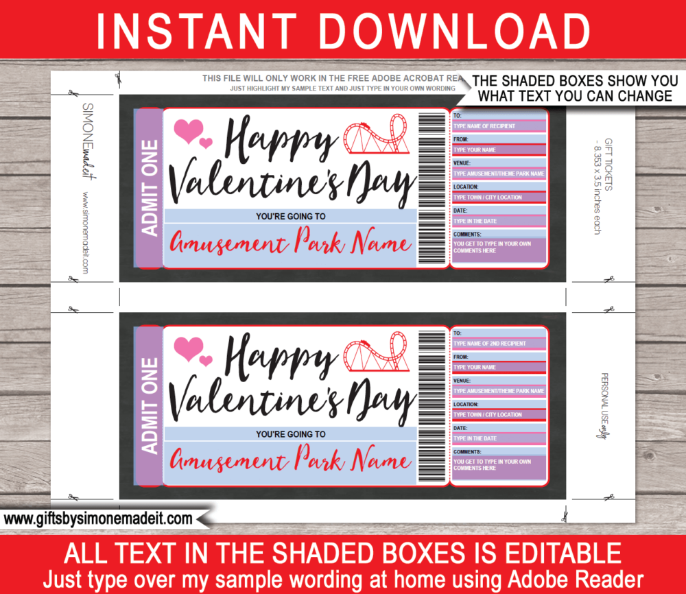 Editable & Printable Valentine's Day Amusement Park Ticket Gift Voucher Template | Theme Park Tickets | Surprise Tickets to an Amusement Park, Theme Park | Fake Park Tickets | Daily, Season, Yearly Passes | INSTANT DOWNLOAD via giftsbysimonemadeit.com