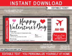 Valentine's Day Gift Boarding Pass Ticket Template | Surprise Trip Reveal | DIY Editable & Printable Personalized Template | Fake Faux Pretend Custom Plane Ticket | INSTANT DOWNLOAD via giftsbysimonemadeit.com