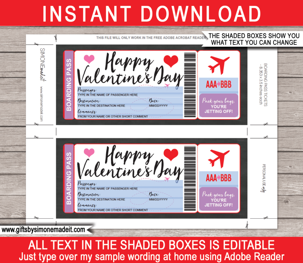 Personalized Valentine's Day Gift Boarding Pass Ticket Template | Surprise Trip Reveal | DIY Editable & Printable Template | Fake Faux Pretend Plane Ticket | INSTANT DOWNLOAD via giftsbysimonemadeit.com