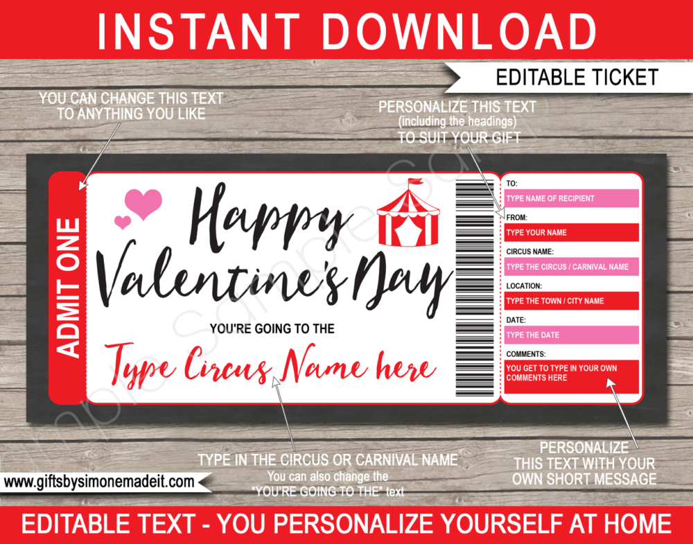 Valentine's Day Circus Gift Voucher template | Printable Fake Circus Ticket | DIY Editable Template | Carnival Ticket | Instant Download via giftsbysimonemadeit.com