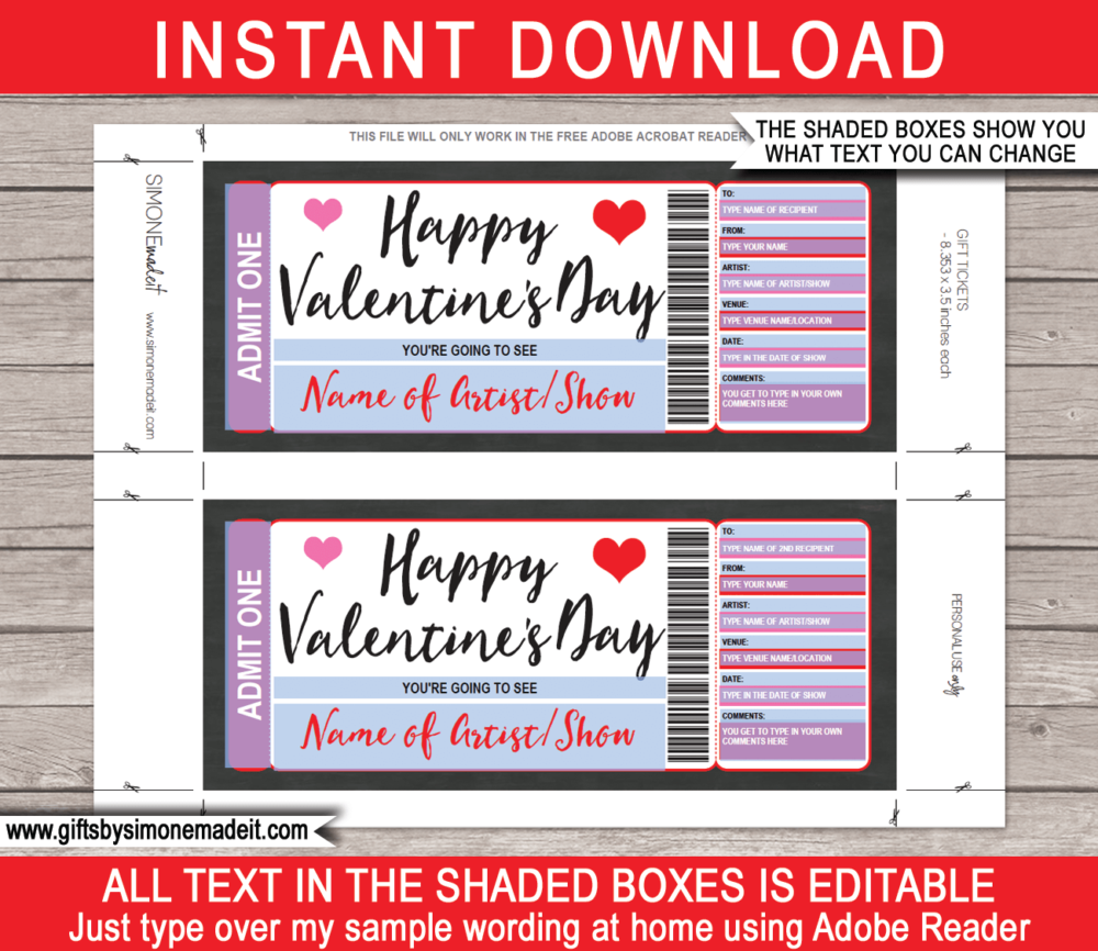 Printable Valentine's Day Concert Ticket Gift Voucher Template | Concert, Band, Show, Music Festival, Performance, Artist, Performance or Movie | Faux or Fake Concert Ticket | DIY Editable & Printable Template | Instant Download via simonemadeit.com