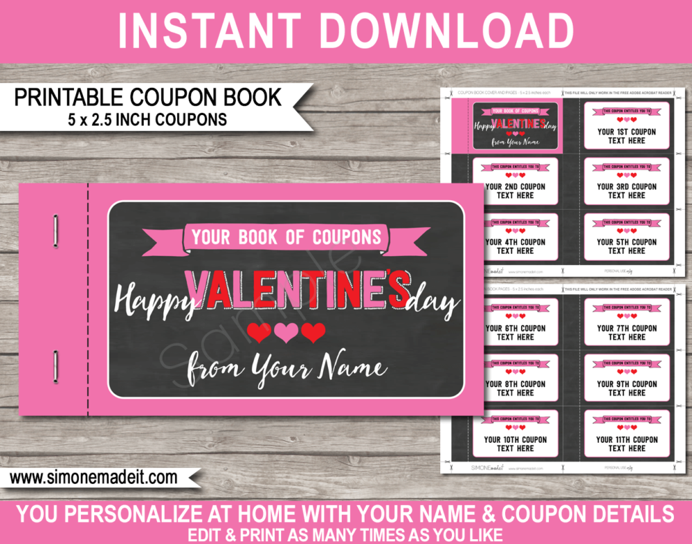 Printable Pink Valentine's Day Coupon Book template | DIY editable personalized Coupons for a last minute Valentine's Day gift | boyfriend, girlfriend, husband, wife, mom, dad, sister, brother, family, BFF, friends | Instant Download via giftsbysimonemadeit.com