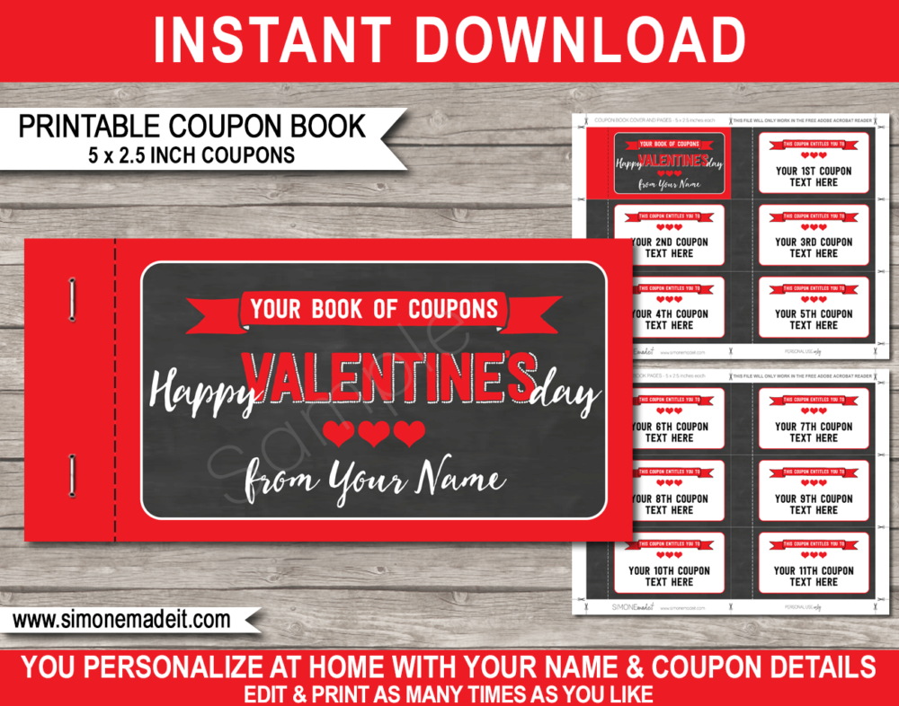 Printable Red Valentine's Day Coupon Book template | DIY editable personalized Coupons for a last minute Valentine's Day gift | boyfriend, girlfriend, husband, wife, mom, dad, sister, brother, family, BFF, friends | Instant Download via giftsbysimonemadeit.com