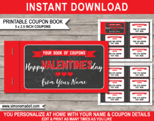 Printable Red Valentine's Day Coupon Book template | DIY editable personalized Coupons for a last minute Valentine's Day gift | boyfriend, girlfriend, husband, wife, mom, dad, sister, brother, family, BFF, friends | Instant Download via giftsbysimonemadeit.com