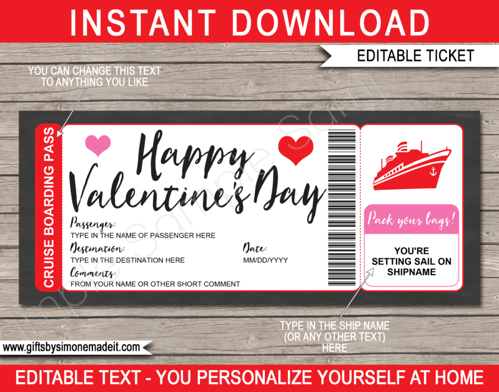 Printable Valentine's Day Cruise Boarding Pass Template | DIY Editable Cruise Ticket Gift Template | Surprise Cruise Reveal | INSTANT DOWNLOAD via giftsbysimonemadeit.com
