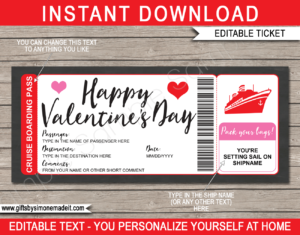 Printable Valentine's Day Cruise Boarding Pass Template | DIY Editable Cruise Ticket Gift Template | Surprise Cruise Reveal | INSTANT DOWNLOAD via giftsbysimonemadeit.com