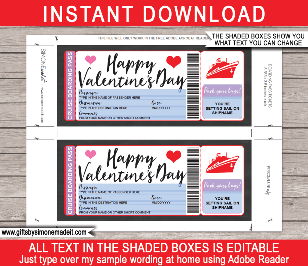 Valentine's Day Cruise Boarding Pass Template | DIY Editable & Printable Cruise Ticket Gift Template | Surprise Cruise Reveal | INSTANT DOWNLOAD via giftsbysimonemadeit.com