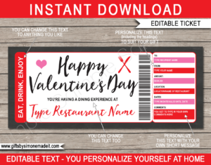Valentine's Day Restaurant Gift Certificate Printable Template - Dining Gift Voucher - Dinner or Night Out Experience - Last Minute Valentines Present - DIY Editable Template - INSTANT DOWNLOAD via www.giftsbysimonemadeit.com