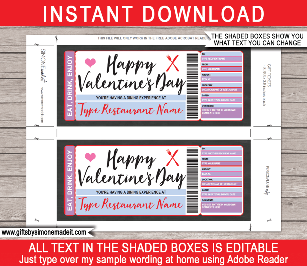 Printable Valentine's Day Restaurant Gift Voucher Printable Template - Dining Gift Certificate - Dinner or Night Out Experience - Last Minute Valentines Present - DIY Editable Template - INSTANT DOWNLOAD via www.giftsbysimonemadeit.com