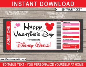 Valentine's Day Disney World Tickets Gift Template | Surprise Trip to Disney World | DIY Editable & Printable Template | Fake Faux Pretend Disney Tickets | Instant Download via giftsbysimonemadeit.com