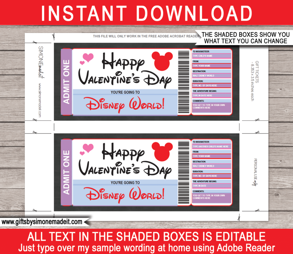 Printable Valentine's Day Disney World Tickets Gift Template | Surprise Trip to Disney World | DIY Editable Template | Fake Faux Pretend Disney Tickets | Instant Download via giftsbysimonemadeit.com