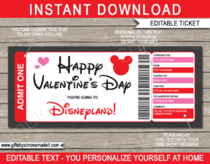 Valentine's Day Disneyland Tickets Gift Template | Surprise Trip to Disneyland | DIY Editable & Printable Template | Fake Faux Pretend Disney Tickets | Instant Download via giftsbysimonemadeit.com