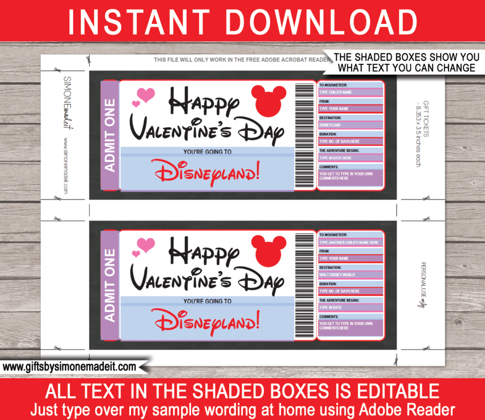 Printable Valentine's Day Disneyland Tickets Gift Template | Surprise Trip to Disneyland | DIY Editable Template | Fake Faux Pretend Disney Tickets | Instant Download via giftsbysimonemadeit.com