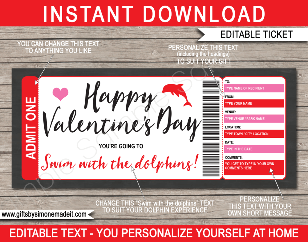 Swim with the Dolphins Valentine's Day Gift Voucher template | Gift Certificate | Fake Faux Pretend Ticket | Dolphin Experience | DIY Editable & Printable Template | Instant Download via giftsbysimonemadeit.com