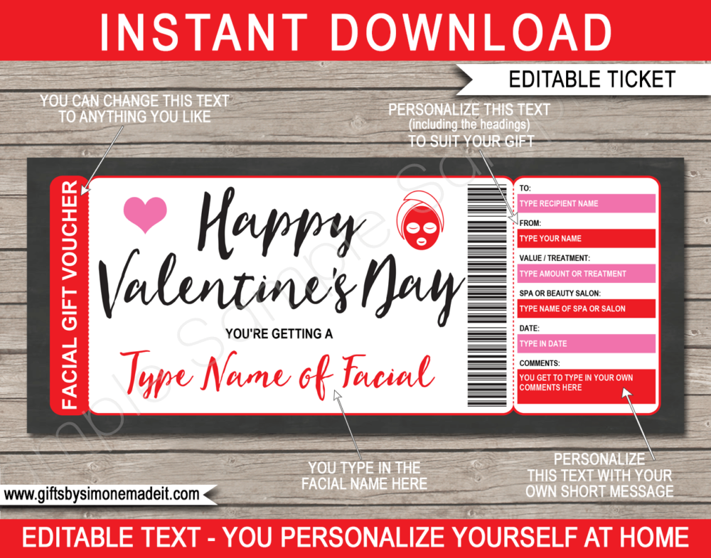 Personalized Valentine's Day Facial Gift Voucher Template | Last Minute Gift Idea | Facial Spa Treatment Gift Certificate | Present for wife, Mom, girfriend, BFF | INSTANT DOWNLOAD via giftsbysimonemadeit.com