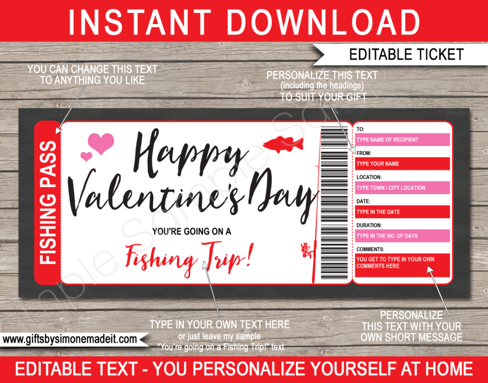 Valentine's Day Fishing Trip Ticket Gift Template | Surprise Fishing Trip Reveal | Gift Voucher Certificate | Fake Faux Pretend Ticket | DIY Editable & Printable Template | Instant Download via giftsbysimonemadeit.com