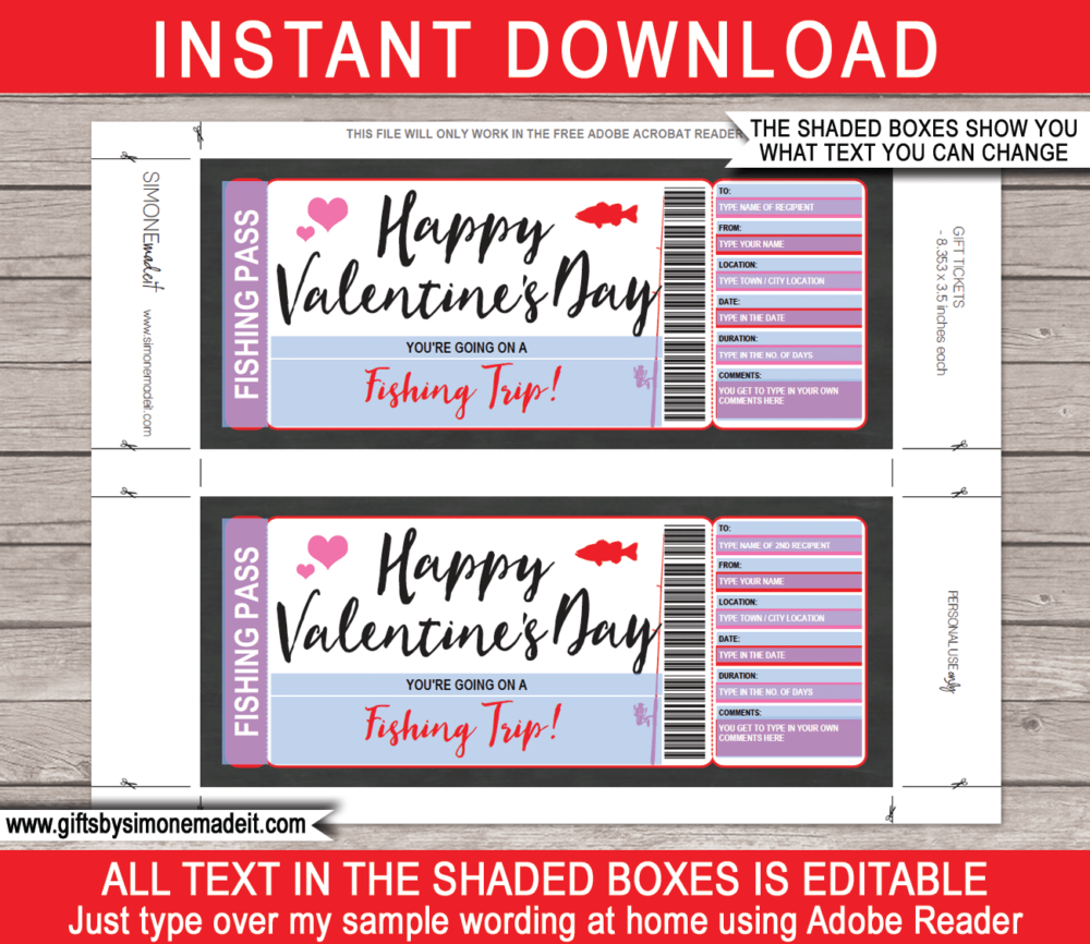 Printable Valentine's Day Fishing Gift Voucher Template | Surprise Fishing Trip Reveal | Fake Faux Pretend Ticket | DIY Editable Template | Instant Download via giftsbysimonemadeit.com