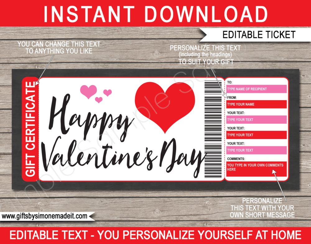 Printable Valentine's Day Gift Certificate | Custom personalized template | Last minute gift idea | DIY editable template | Kids, family, friends, BFF, wife, husband, girlfriend, boyfriend | INSTANT DOWNLOAD via giftsbysimonemadeit.com