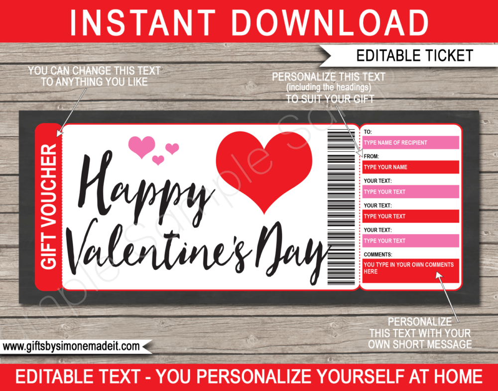 Printable Valentine's Day Gift Vouchers | Custom personalized template | Last minute gift idea | DIY editable template | Kids, family, friends, BFF, wife, husband, girlfriend, boyfriend | INSTANT DOWNLOAD via giftsbysimonemadeit.com