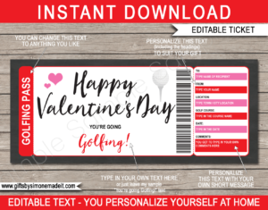 Valentine's Day Golfing Gift Voucher Template | Surprise Golf Trip Reveal | Round of Golf | Gift Ticket Certificate | Golfing Pass | Fake Faux Pretend Ticket | DIY Editable & Printable Template | Instant Download via giftsbysimonemadeit.com