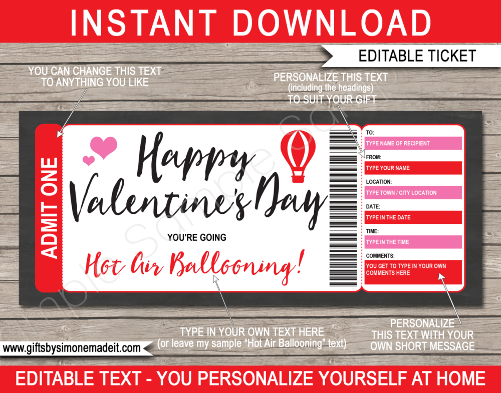 Valentine's Day Hot Air Ballooning Gift Voucher | DIY Editable & Printable Template | Gift Ticket Certificate | Fake Faux Pretend Ticket | Instant Download via giftsbysimonemadeit.com