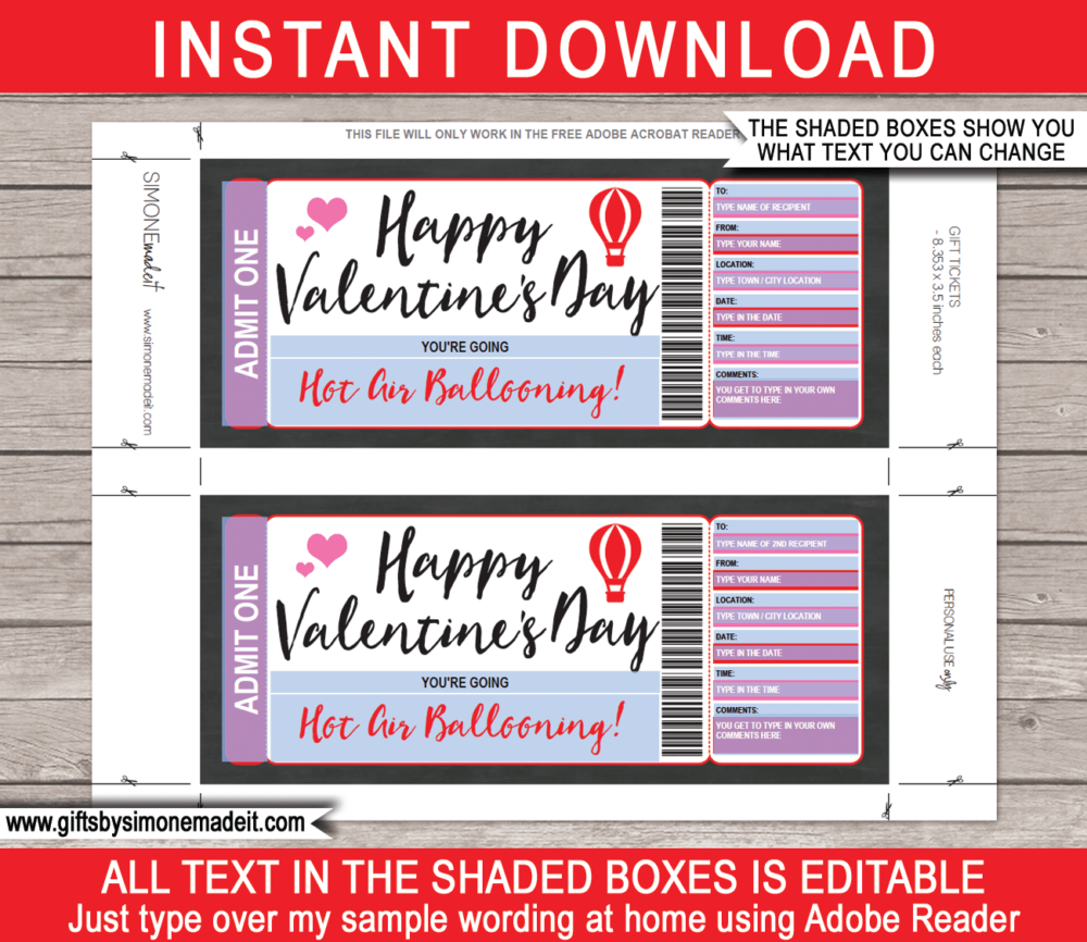 Printable Valentine's Day Ballooning Gift Voucher | DIY Editable & Printable Template | Gift Ticket Certificate | Fake Faux Pretend Ticket | Instant Download via giftsbysimonemadeit.com