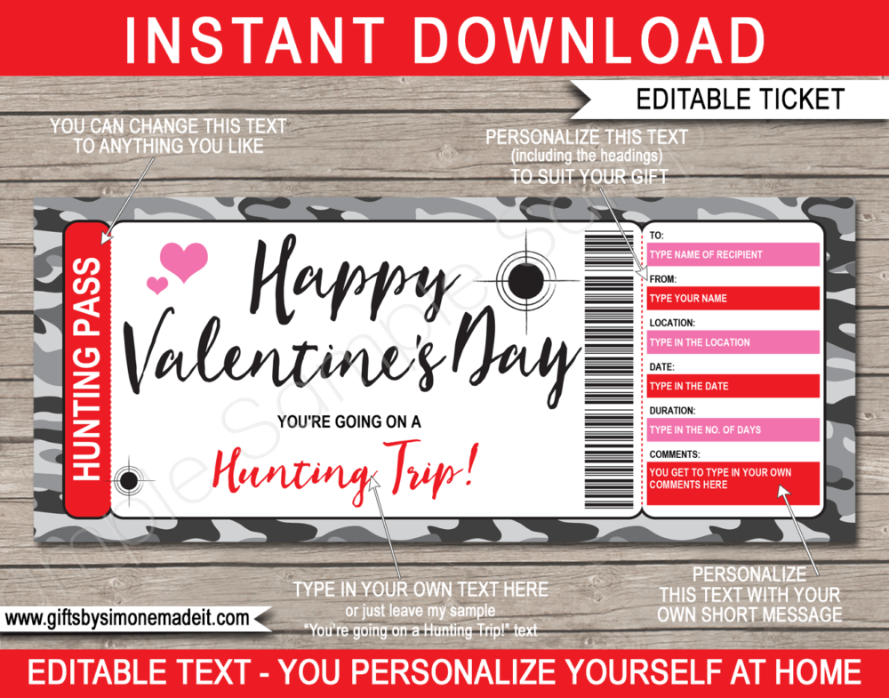 Valentine's Day Hunting Gift Voucher Template | Surprise Hunting Trip Reveal | Day Out Hunting | Gift Ticket Certificate | Fake Faux Pretend Ticket | DIY Editable & Printable Template | Instant Download via giftsbysimonemadeit.com