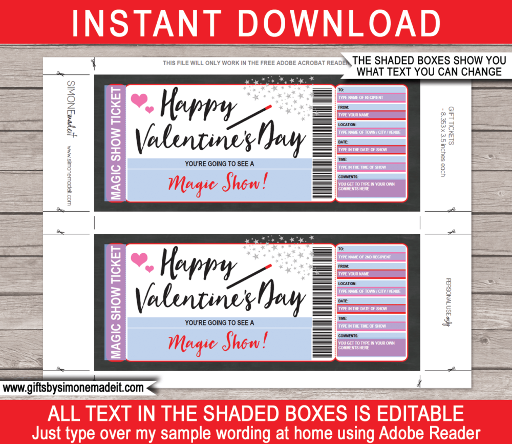 Printable Valentine's Day Magic Show Gift Certificate | DIY Editable & Printable Template | Gift Voucher Ticket | Fake Faux Pretend Ticket | Instant Download via giftsbysimonemadeit.com