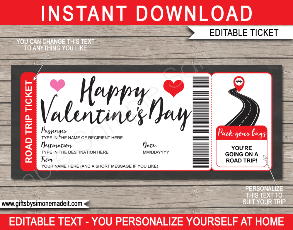 Valentine's Day Road Trip Ticket Template | Surprise Road Trip Reveal Gift Ticket | Faux Fake Ticket | DIY Editable & Printable template | Driving Holiday | INSTANT DOWNLOAD via giftsbysimonemadeit.com