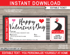 Valentine's Day Road Trip Ticket Template | Surprise Road Trip Reveal Gift Ticket | Faux Fake Ticket | DIY Editable & Printable template | Driving Holiday | INSTANT DOWNLOAD via giftsbysimonemadeit.com