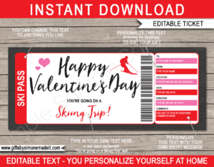 Valentine's Day Skiing Gift Voucher Template - Surprise Skiing Trip Reveal - Fake Faux Pretend Ski Trip Ticket - DIY Editable & Printable Template - INSTANT DOWNLOAD via www.giftsbysimonemadeit.com