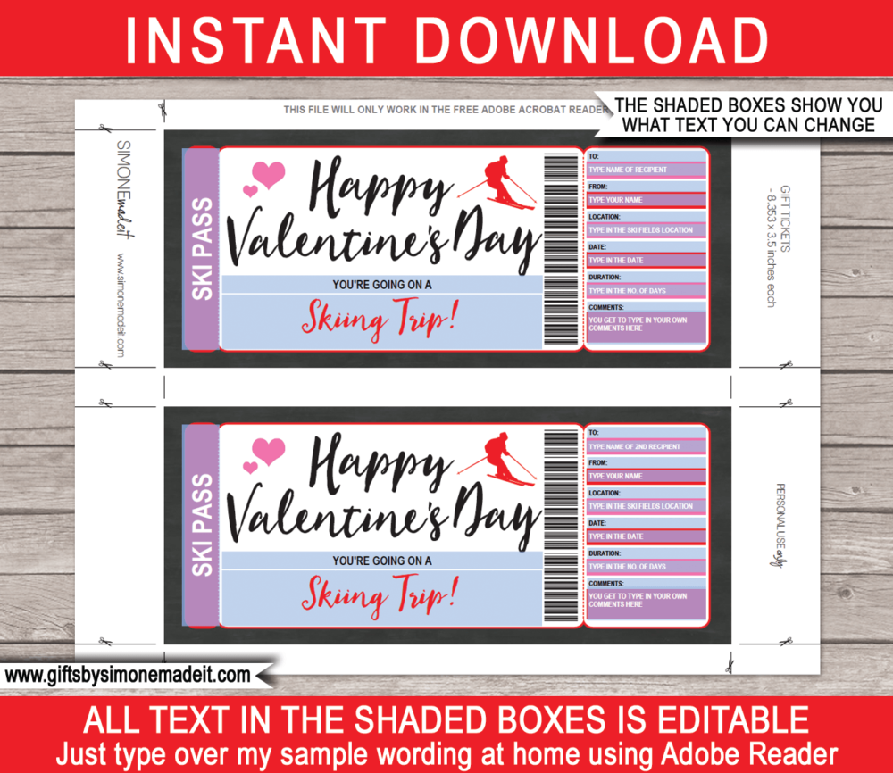 Printable Valentine's Day Skiing Trip Ticket Template - Surprise Ski Trip Reveal - Gift Voucher Certificate - Fake Faux Pretend Ski Trip Ticket - DIY Editable & Printable Template - INSTANT DOWNLOAD via www.giftsbysimonemadeit.com