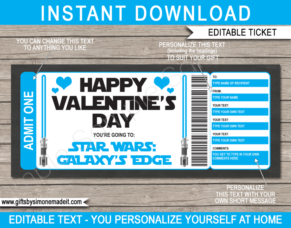 Blue Star Wars Galaxy's Edge Valentine's Day Gift Ticket | Theme Park Gift Voucher | Surprise Star Wars Tickets | Amusement Park | Fake Faux Tickets | Daily, Season, Yearly Passes | DIY Editable & Printable Template | INSTANT DOWNLOAD via giftsbysimonemadeit.com