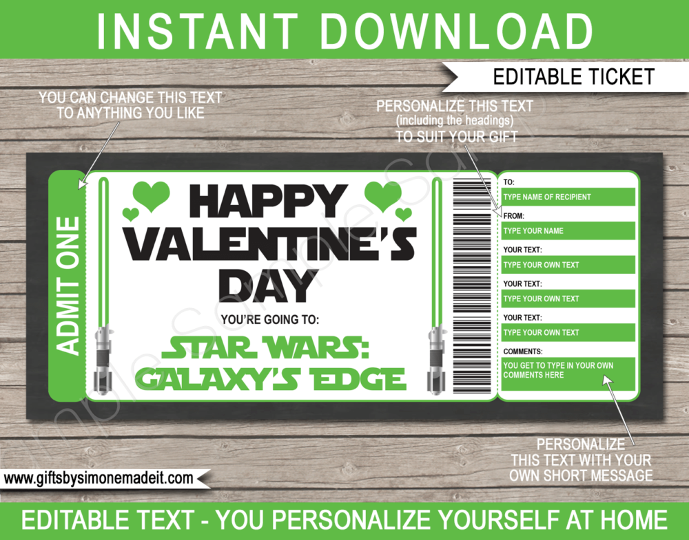 Green Star Wars Galaxy's Edge Valentine's Day Gift Ticket | Theme Park Gift Voucher | Surprise Star Wars Tickets | Amusement Park | Fake Faux Tickets | Daily, Season, Yearly Passes | DIY Editable & Printable Template | INSTANT DOWNLOAD via giftsbysimonemadeit.com
