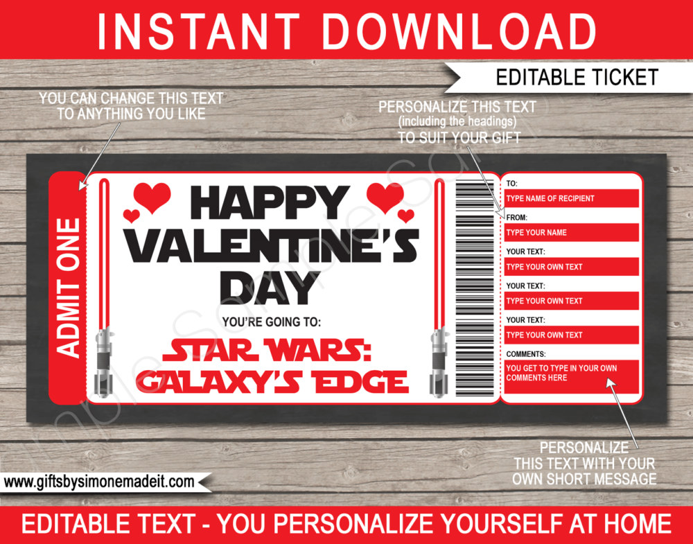 Red Star Wars Galaxy's Edge Valentine's Day Gift Ticket | Theme Park Gift Voucher | Surprise Star Wars Tickets | Amusement Park | Fake Faux Tickets | Daily, Season, Yearly Passes | DIY Editable & Printable Template | INSTANT DOWNLOAD via giftsbysimonemadeit.com