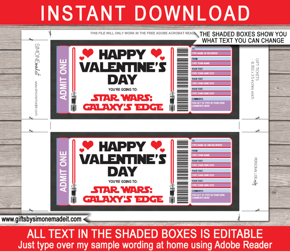 Printable Red Star Wars Galaxy's Edge Valentine's Day Gift Ticket | Theme Park Gift Voucher | Surprise Star Wars Tickets | Amusement Park | Fake Faux Pretend Tickets | DIY Editable Template | INSTANT DOWNLOAD via giftsbysimonemadeit.com
