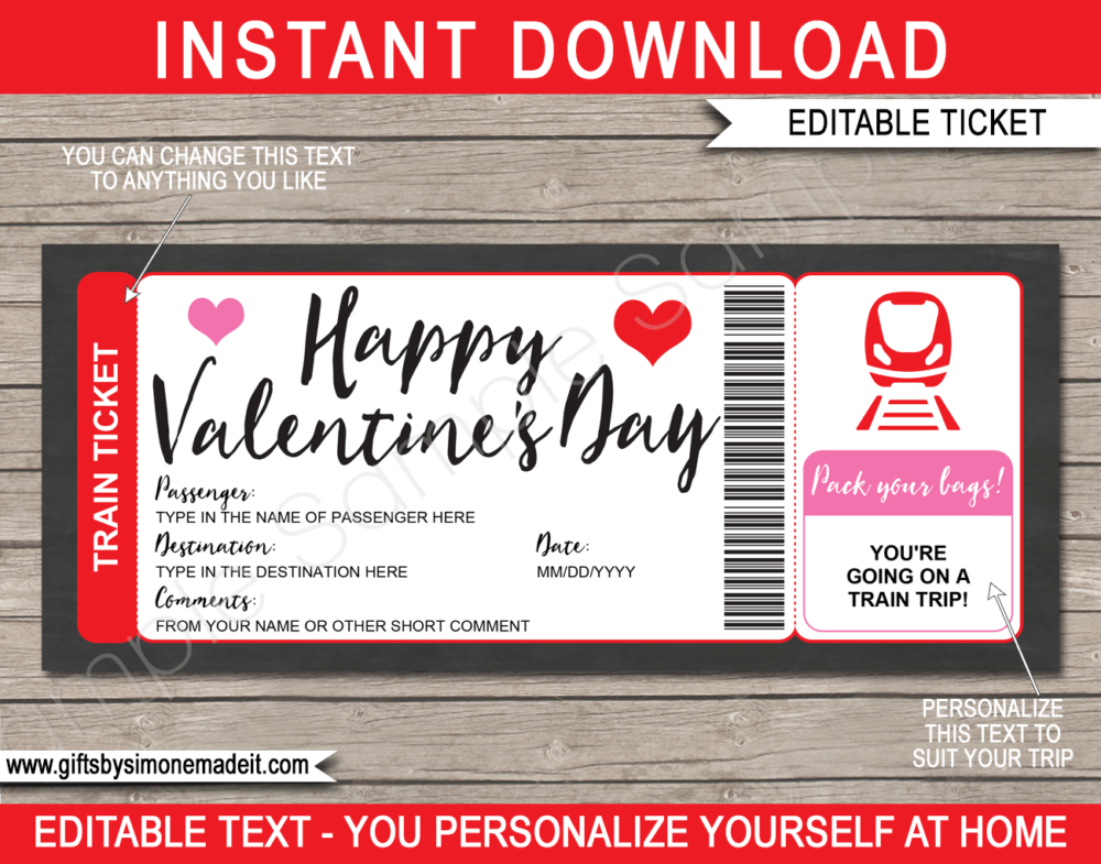 Valentine's Day Train Ticket Gift Voucher Template | Surprise Train Trip Reveal | DIY Editable & Printable Template | Last minute gift | Fake Faux Pretend Railway Boarding Pass | INSTANT DOWNLOAD via giftsbysimonemadeit.com