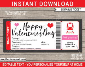 Valentine's Day Train Ticket Gift Voucher Template | Surprise Train Trip Reveal | DIY Editable & Printable Template | Last minute gift | Fake Faux Pretend Railway Boarding Pass | INSTANT DOWNLOAD via giftsbysimonemadeit.com