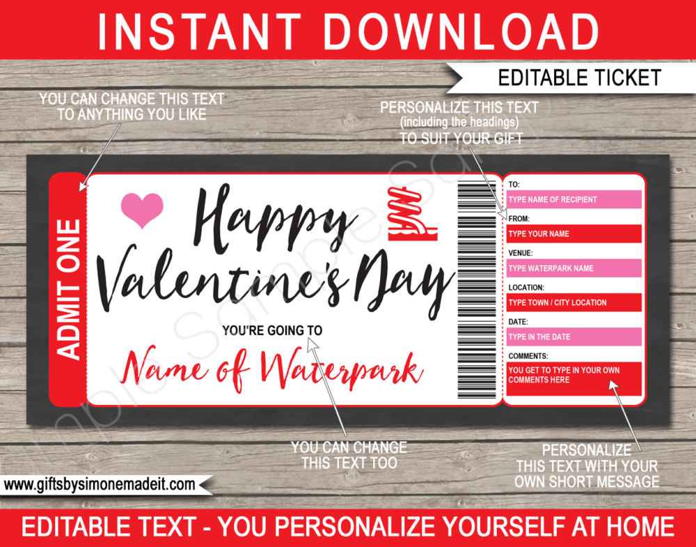 Valentine's Day Waterpark Ticket Gift Voucher Template | Aqua Park, Water Park Gift Certificate - Printable Last Minute Present - DIY with Editable Text - INSTANT DOWNLOAD via www.giftsbysimonemadeit.com