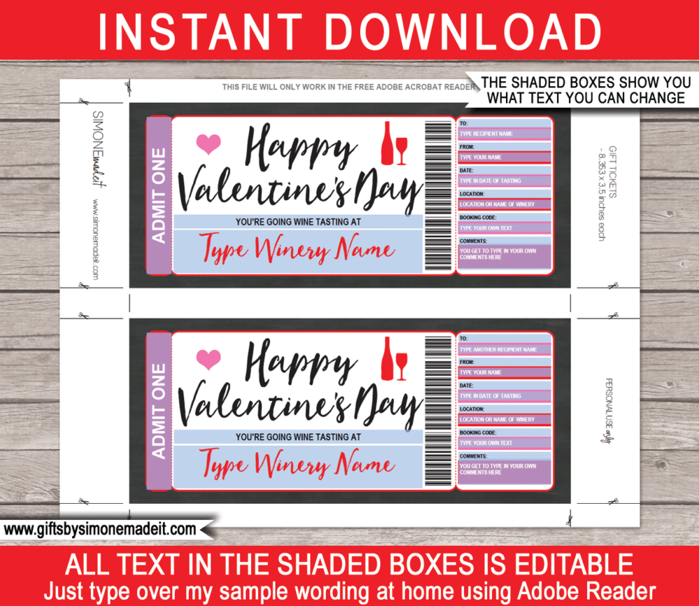 Valentine's Day Wine Tasting Gift Voucher Template | Winery Gift Certificate | Last Minute Gift | Printable & Editable DIY Template | Instant Download via giftsbysimonemadeit.com
