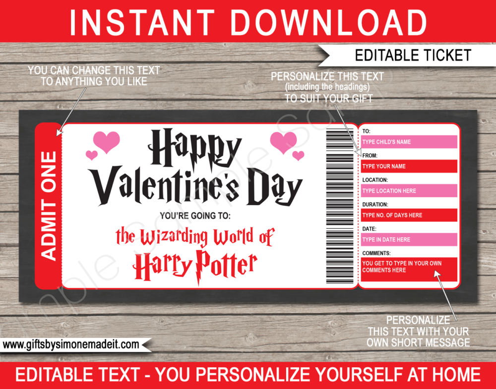 Printable Valentine's Day Wizarding World of Harry Potter Ticket Gift Voucher | Harry Potter World Universal Studios | Fake Faux Pretend Tickets | DIY Editable & Printable Template | INSTANT DOWNLOAD via giftsbysimonemadeit.com