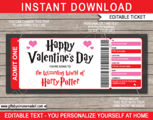 Printable Valentine's Day Wizarding World of Harry Potter Ticket Gift Voucher | Harry Potter World Universal Studios | Fake Faux Pretend Tickets | DIY Editable & Printable Template | INSTANT DOWNLOAD via giftsbysimonemadeit.com