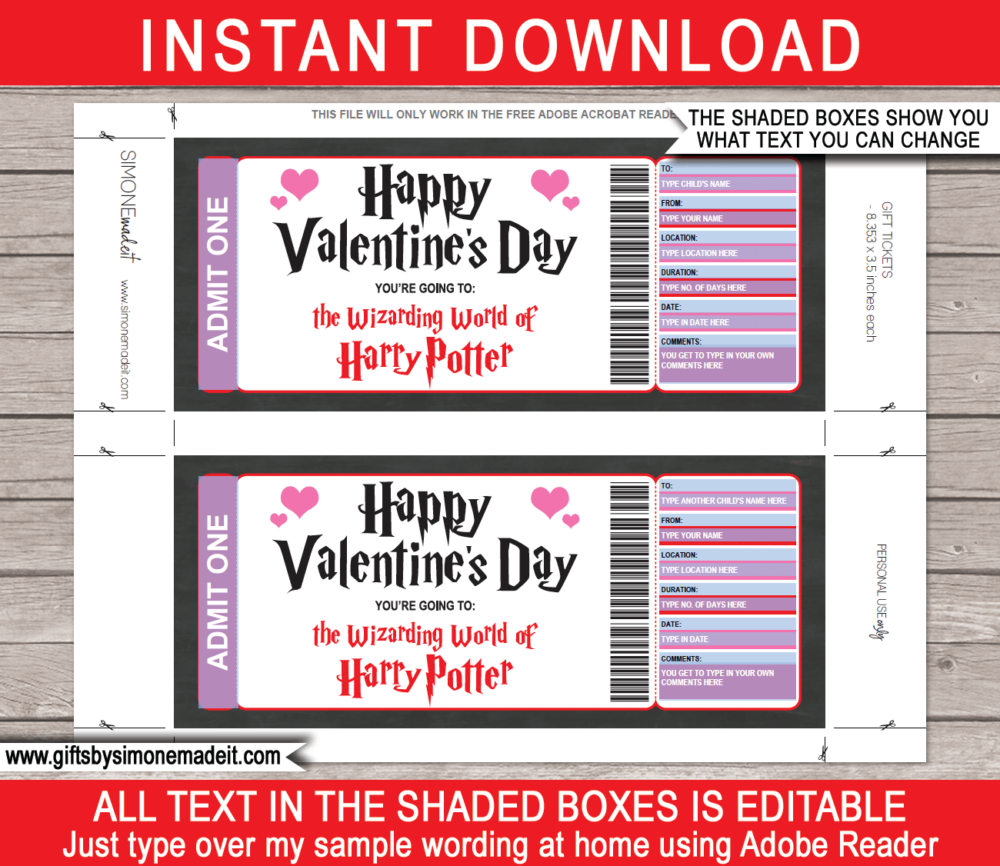 Printable Surprise Valentine's Day Wizarding World of Harry Potter Gift Ticket | Theme Park Gift Voucher | Fake Faux Pretend Tickets | DIY Editable Template | INSTANT DOWNLOAD via giftsbysimonemadeit.com