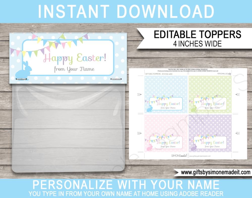 Printable Easter Treat Bag Toppers Template | Last Minute Happy Easter Class Gifts | DIY Editable Template | 4 inch wide | INSTANT DOWNLOAD via giftsbysimonemadeit.com