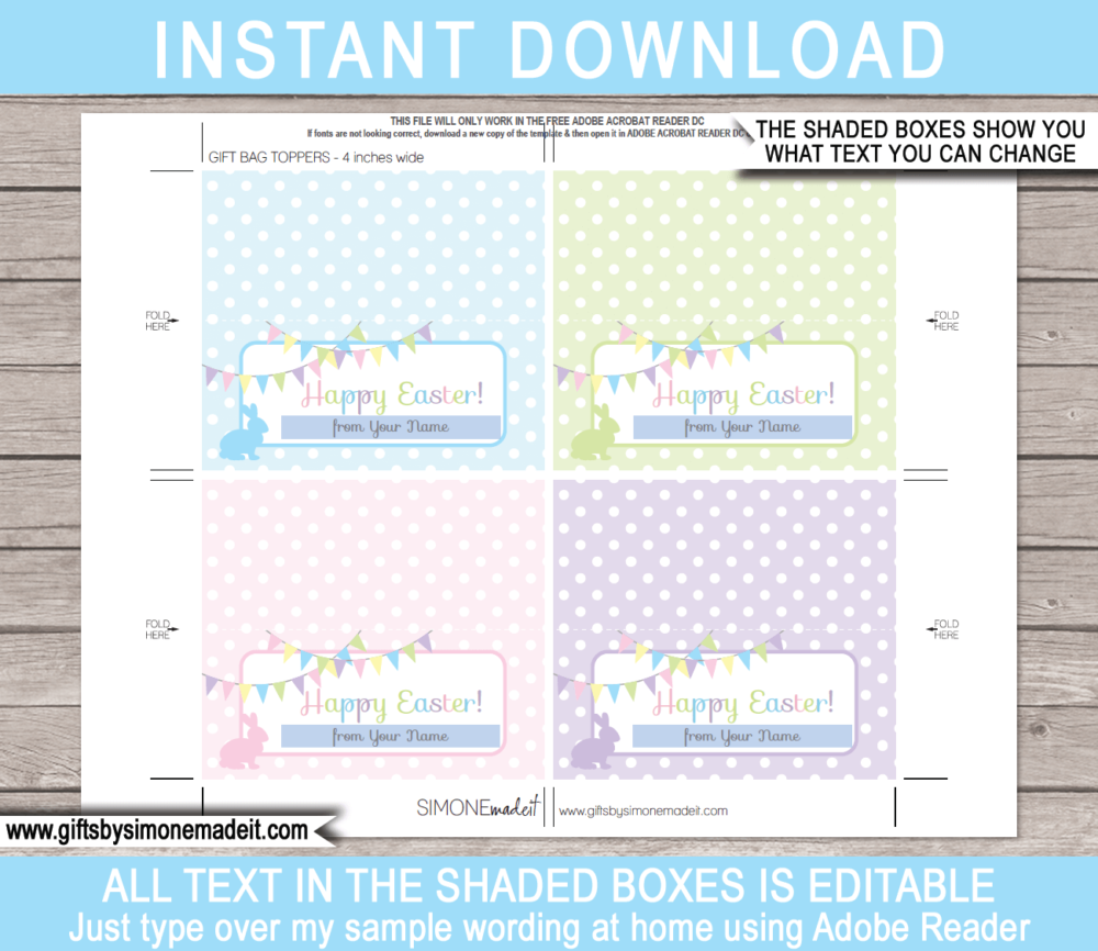 Printable Easter Treat Bag Toppers Template | Last Minute Happy Easter Class Gifts | DIY Editable Template | 4 inch wide | INSTANT DOWNLOAD via giftsbysimonemadeit.com