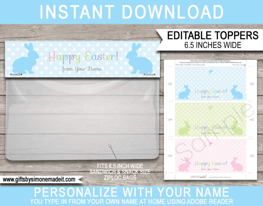 Printable Easter Gift Bag Toppers Template | Last Minute Happy Easter Class Gifts | DIY Editable Template | fits ZIPLOC Sandwich & Snack sizes | INSTANT DOWNLOAD via giftsbysimonemadeit.com
