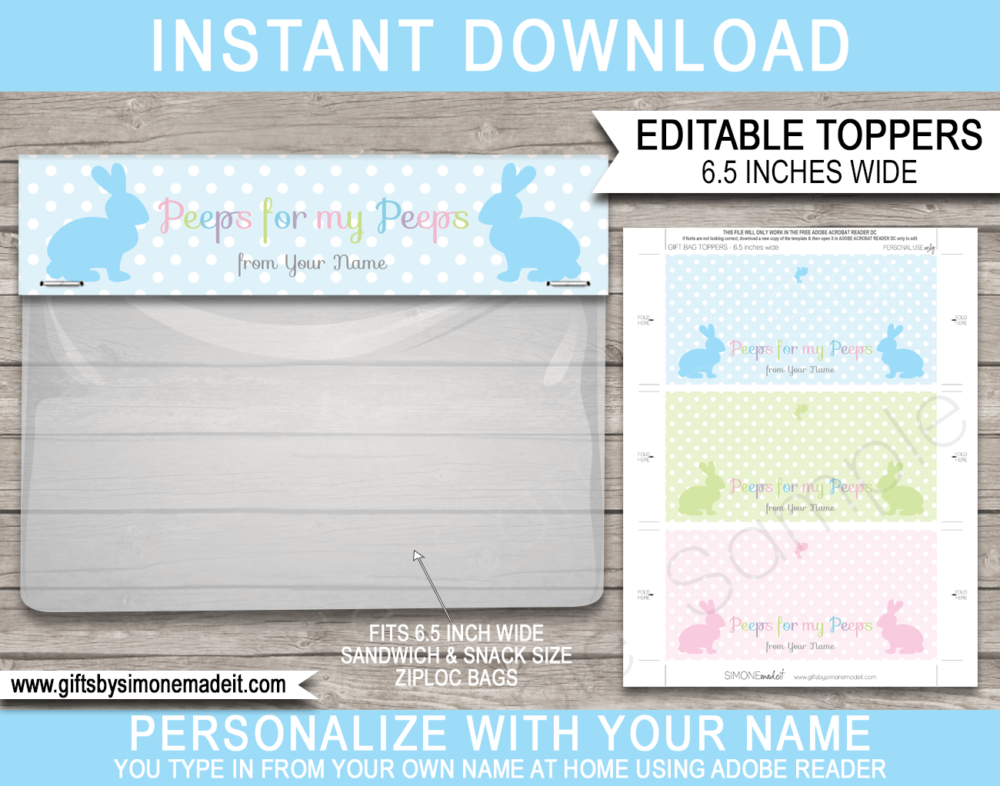Printable Easter Gift Bag Toppers Template | Last Minute Peeps for my Peeps Easter Class Gifts | DIY Editable Template | fits ZIPLOC Sandwich & Snack sizes | INSTANT DOWNLOAD via giftsbysimonemadeit.com