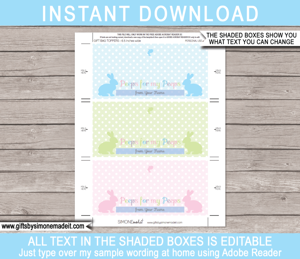 Printable Peeps for my Peeps Easter Gift Bag Toppers Template | Last Minute Easter Class Gifts | DIY Editable Template | fits ZIPLOC Sandwich & Snack sizes | INSTANT DOWNLOAD via giftsbysimonemadeit.com